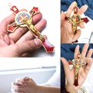Vintage Metal Hand Hold Cross Crucifix Jesus Holy Religious Carved Christ Red