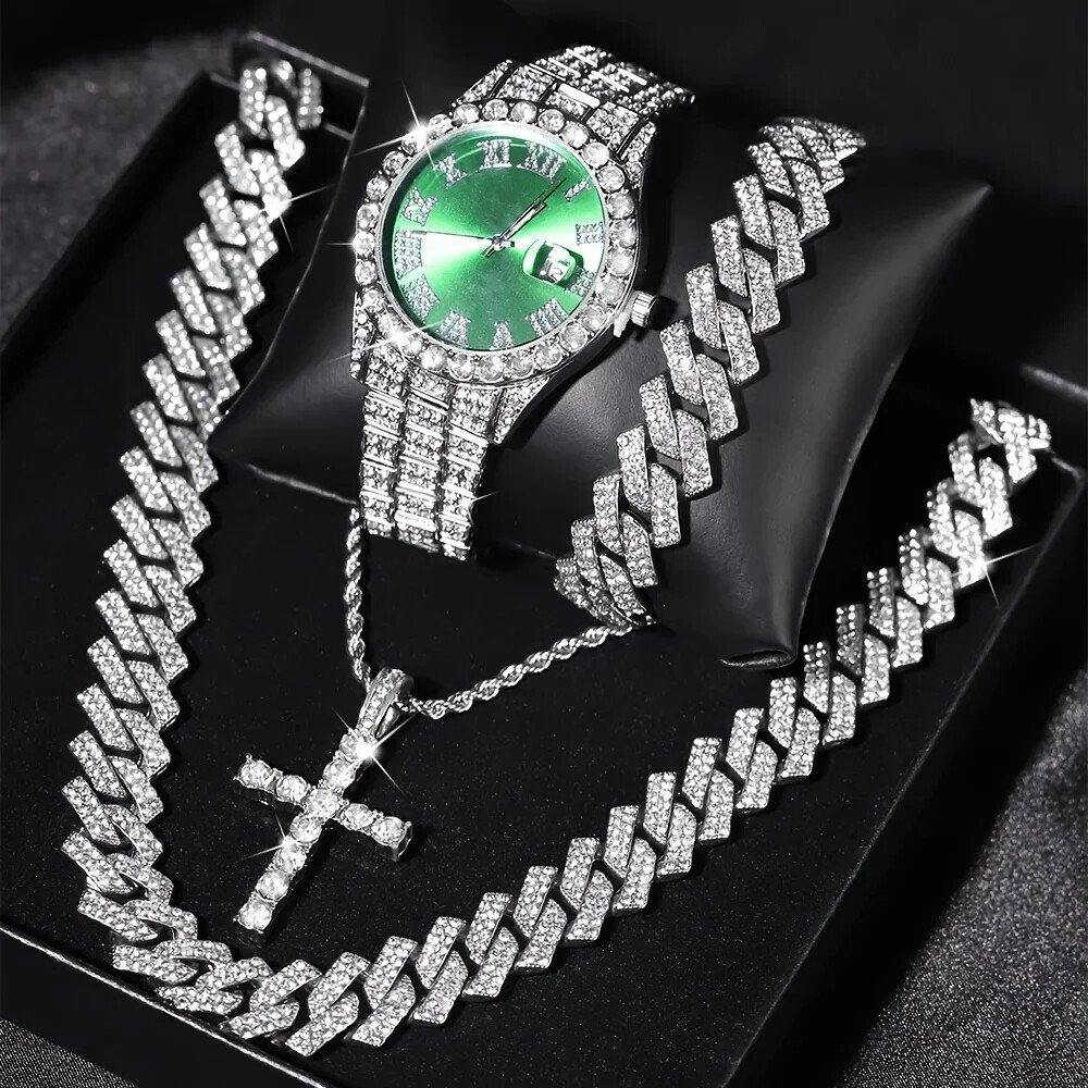 Mens Bling Quartz Wrist Watch & Hip Hop Cuban Chain Necklace Set Rhinestone 4pcs