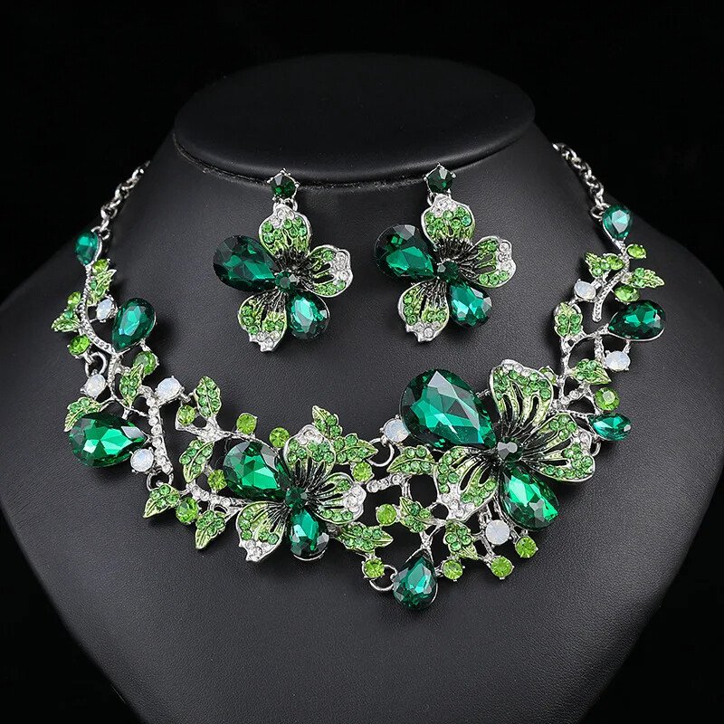 Luxury Retro Necklace Earring Set Colorful Flower Crystal Bride Necklace