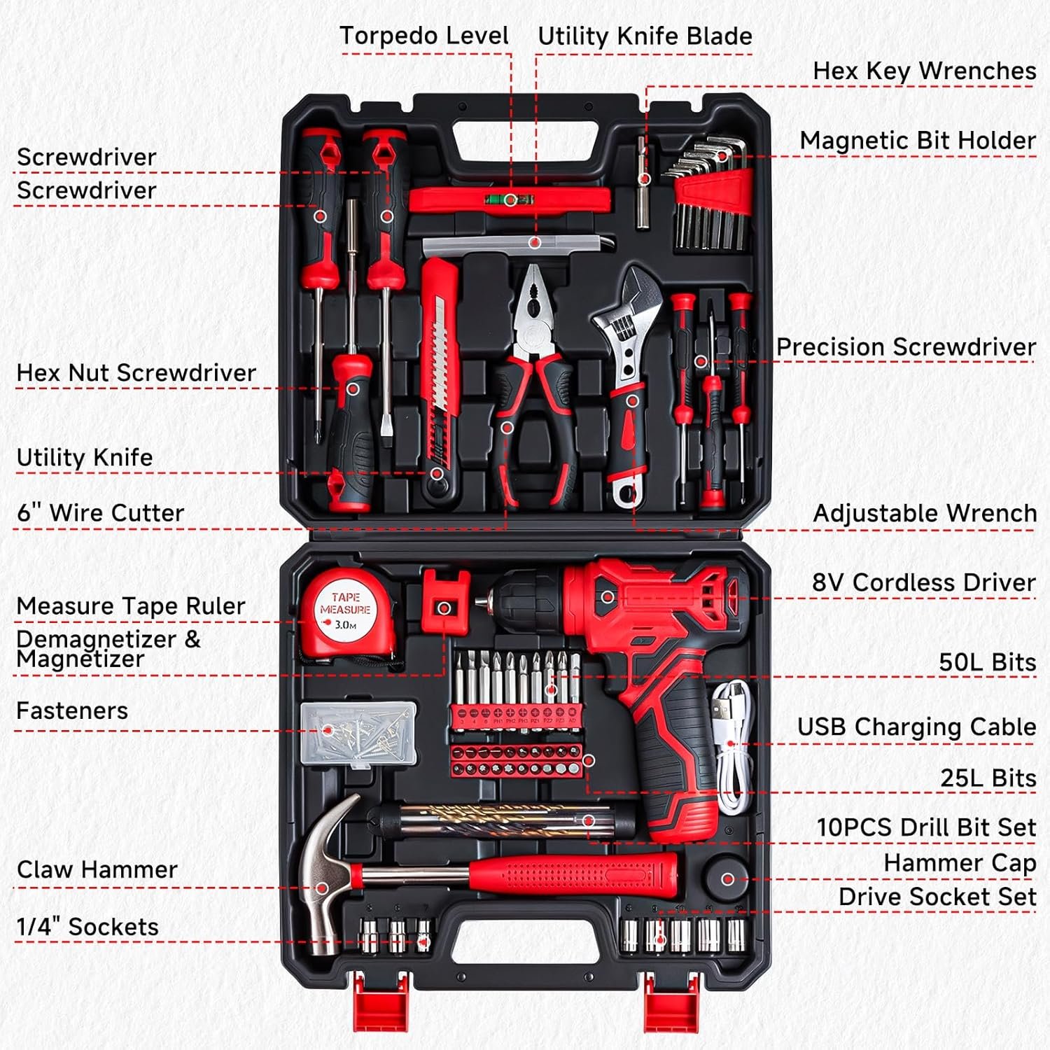 8V Cordless Drill Set, 132 Piece Home Tool Set With Hand Drill, Tool Kit