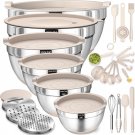 Mixing Bowls with Airtight Lids Set, 26PCS Stainless Steel Khaki Bowls with Grater Attachments