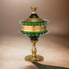 Ornate Green Glass Stemmed Bowl/Box with Lid Made in the Empoli Region of Italy