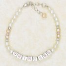 STERLING SILVER- CHILD'S PEARL & "PRINCESS" BLOCK BRACELET WITH PEARL DANGLE