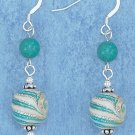 STERLING SILVER AQUA, GOLD FOIL, & WHT SWIRL GLASS BEAD  EARRINGS