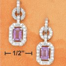 STERLING SILVER- FANCY CZ POST DANGLE EARRINGS WITH EMERALD CUT AMETHYSTS