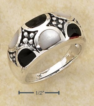 STERLING SILVER ONYX & WHITE MOP SEMI-CIRCLE INLAYS RING  **FREE SHIPPING**