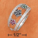 Sterling silver open dome ring with cz edges and emerald, sapphire, & ruby flowers