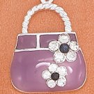 STERLING SILVER 19MM PURPLE ENAMEL PURSE CHARM W/ CLEAR CRYSTAL