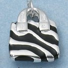 STERLING SILVER ENAMEL BLACK ZEBRA STRIPE PURSE W/ CZ HANDLE CHARM