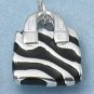 STERLING SILVER ENAMEL BLACK ZEBRA STRIPE PURSE W/ CZ HANDLE CHARM