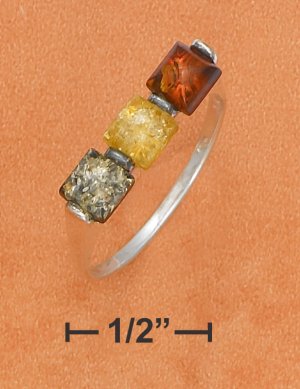 STERLING SILVER MULTICOLOR AMBER SQUARE 3 STONE RING