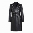 Black Slim Fit Leather Coat with Belt