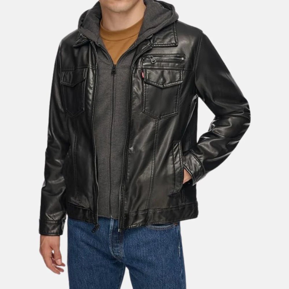 Men Black Hooded Leather Jacket