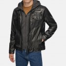 Men Black Hooded Leather Jacket
