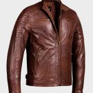 Mens Brown Café Racer Waxed Detailed Leather Jacket