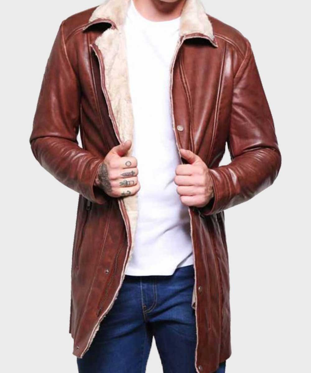 Mens Mid-Length Brown Shearling Leather Coat