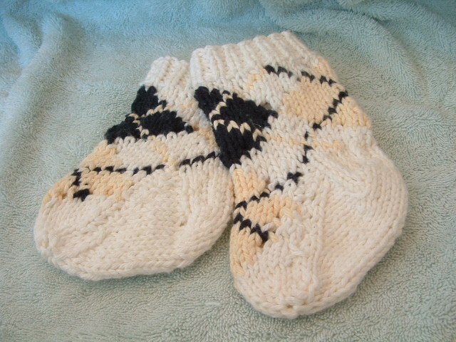 Hand Knit Cotton Argyle Baby Socks Booties White Yellow Black