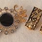 Vintage Damascene Gold Inlaid Bird & Floral on Black .75 Inch Clip Earrings and Brooch