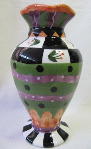 GANZ Bella Casa Handpainted Vase Blk Wht Grn Orange 9 In