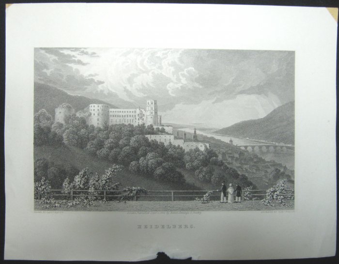 Antique Robert Batty Art Steel Engraving Heidelberg Germany 5x8 Framed