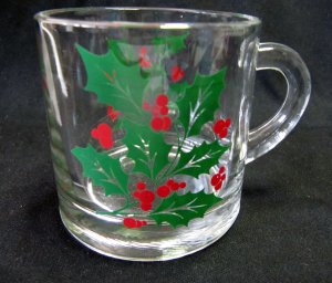 Holly Leaf and Berry Christmas Clear Glass Coffee Mug 3 In MINT