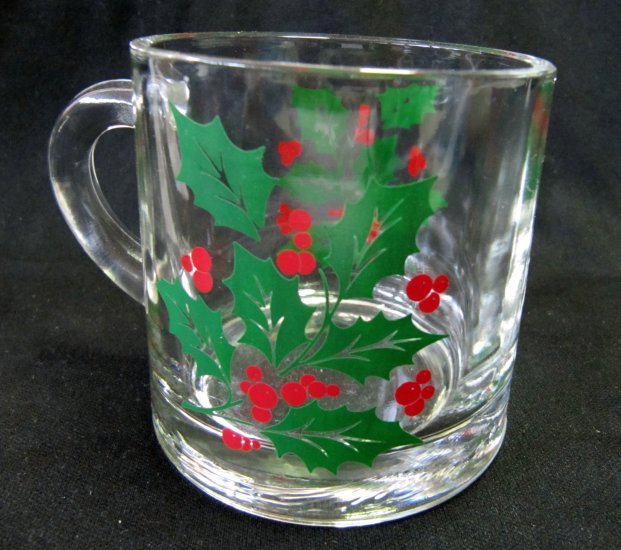 Holly Leaf and Berry Christmas Clear Glass Coffee Mug 3 In MINT