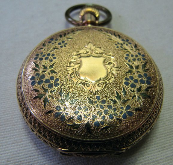Antique 1884 ELGIN 14k Gold Ladies Hunting Case Pocket Watch Bird Blue