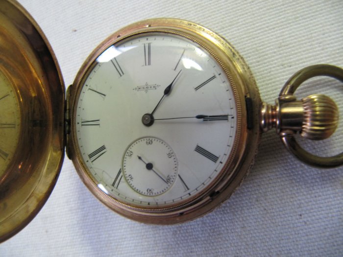 Antique 1884 ELGIN 14k Gold Ladies Hunting Case Pocket Watch Bird Blue
