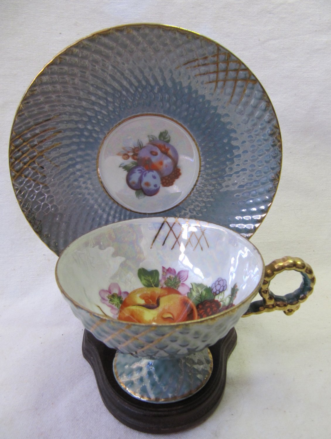 Vintage Japan Nippon Yoko Boeki Lusterware Cup & Saucer Aqua Fruit