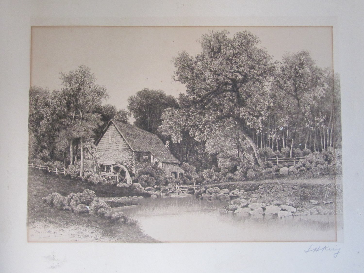 Antique L.H. King The Old Mill Engraving Framed Print Signed c 1897