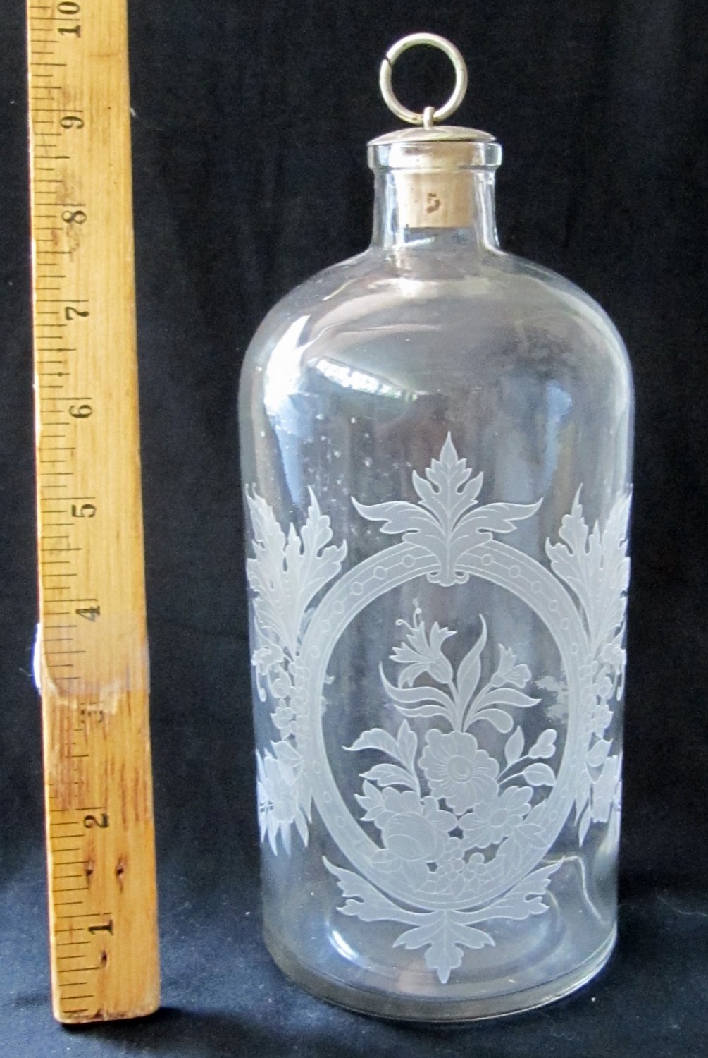 Download Vintage Etched Clear Glass Bottle with Stopper Floral Leaf Design 8-3/8 Inches