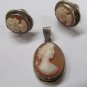 Vintage Handmade Italian Shell Cameo Set Pierced Earrings Pendant Pink Silver Setting .625 In