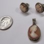 Vintage Handmade Italian Shell Cameo Set Pierced Earrings Pendant Pink Silver Setting .625 In