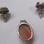 Vintage Handmade Italian Shell Cameo Set Pierced Earrings Pendant Pink Silver Setting .625 In
