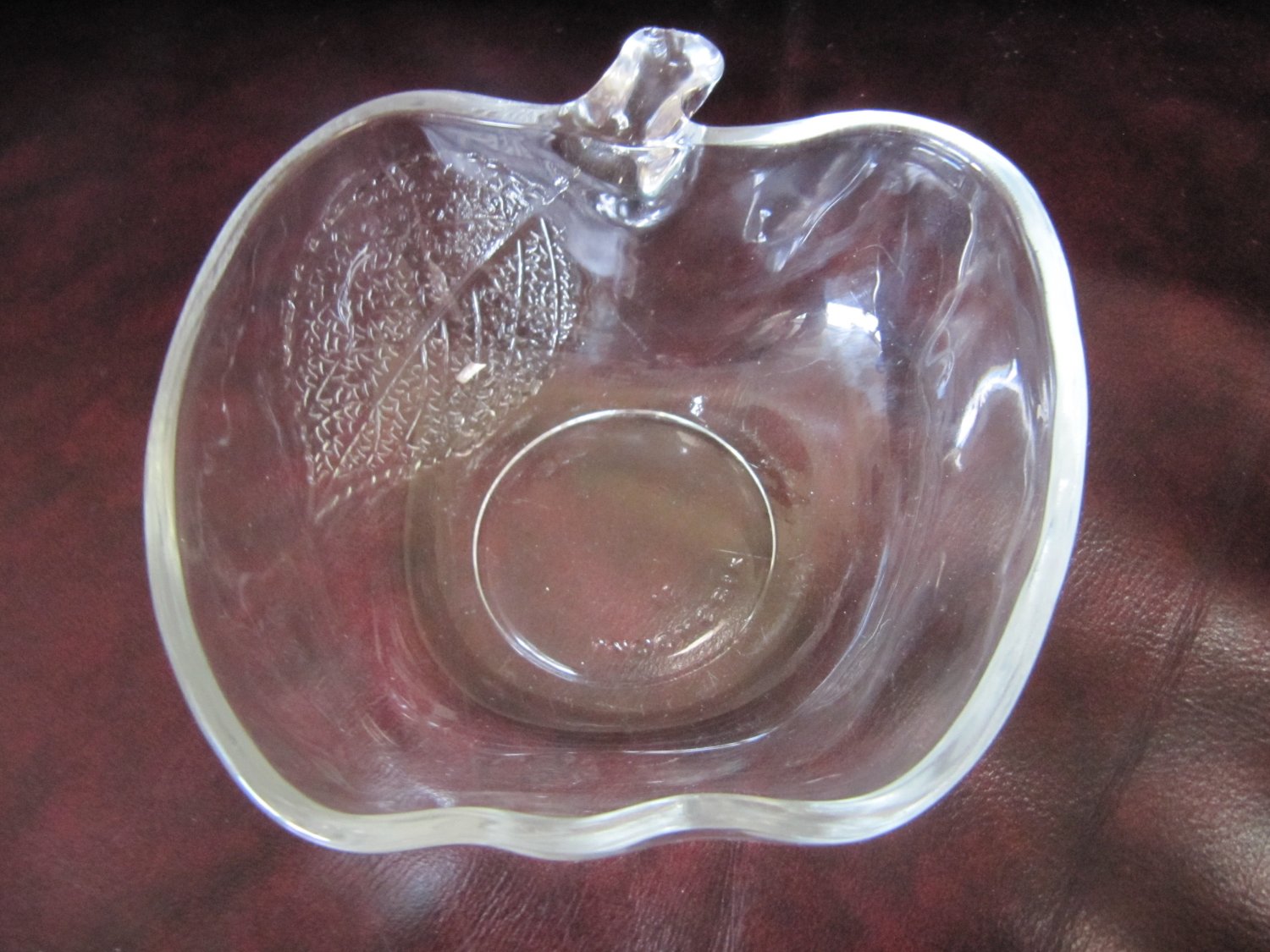 Vintage Kig Clear Glass Apple Shaped Bowl Dish With Textured Leaf Indonesia