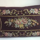 Vintage Needlepoint Pillow Brown w Pink Blue Rose Floral Design 19x11"