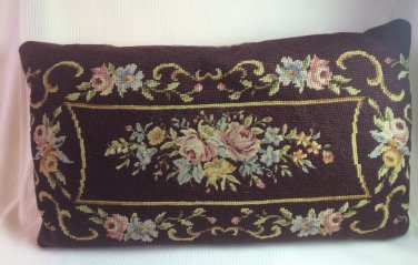 Vintage Needlepoint Pillow Brown w Pink Blue Rose Floral Design 19x11"