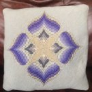 Vintage Needlepoint Satin Stitch Pillow Lt Blue with Blue Lavender Silver Cloverleaf Design 12x12 In