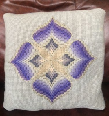 Vintage Needlepoint Satin Stitch Pillow Lt Blue with Blue Lavender Silver Cloverleaf Design 12x12 In