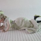 Vintage Bisque Porcelain Handpainted Figurine Woman Reclining Fancy Lace Dress & Hat Foot Raised