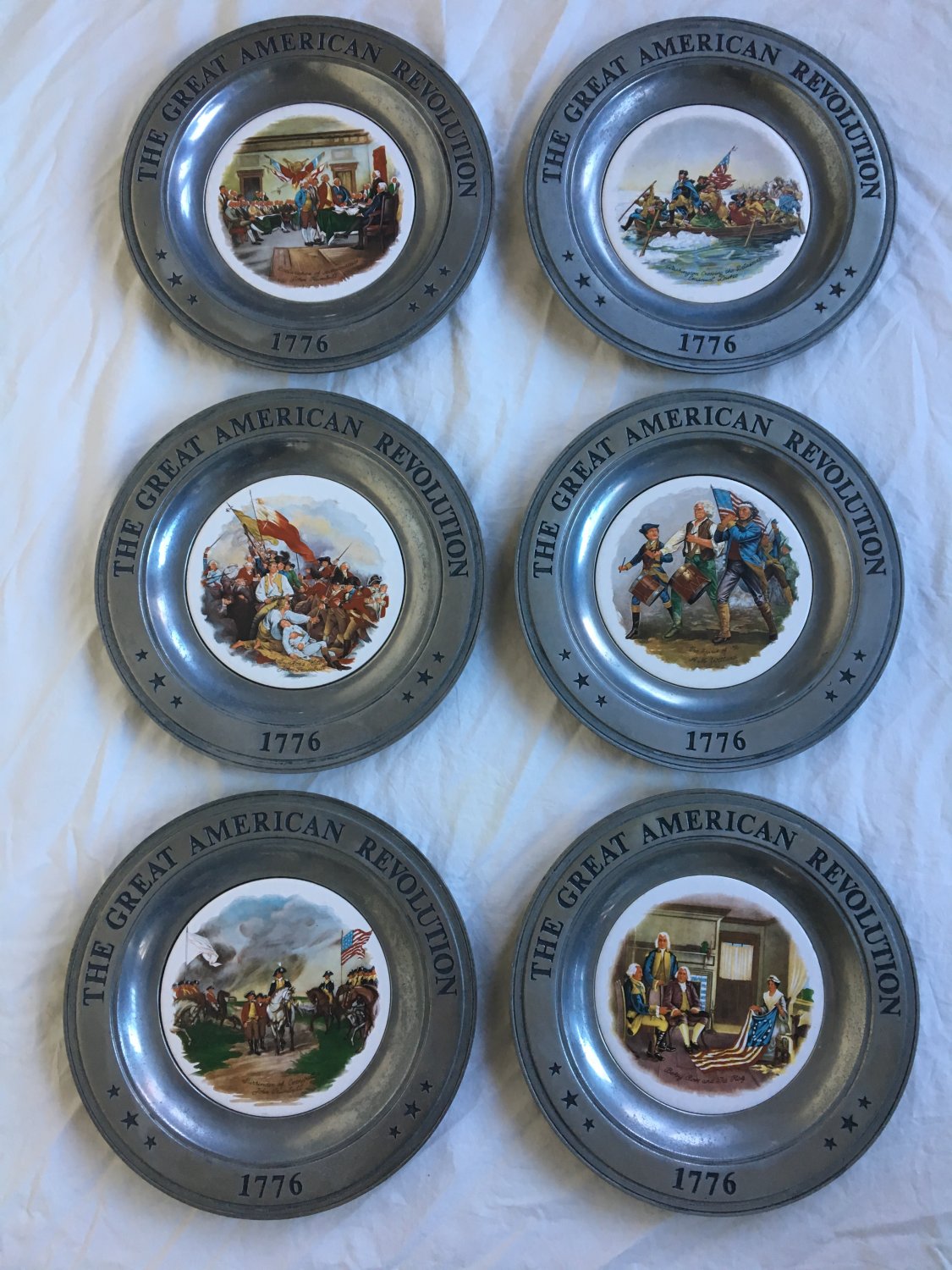 Set of Six American Revolution 1776 Commemorative Plates Pewter Ceramic