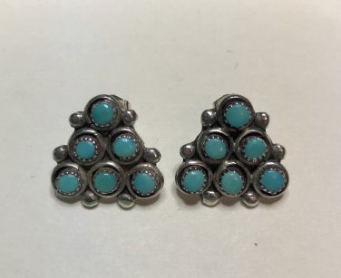Vintage Artisan Blue Turquoise Pierced Earrings Six Stones Set Pyramid Design in 925 Silver .625 in