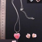 Cute Pink Heart Shaped Locket Necklace 19" & Earrings