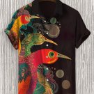 Men's Colorful Birds Art Print Linen Blend Shirt