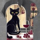 Men's Elegant Black Cat Lady Red Wine Art Print Linen Blend Shirt