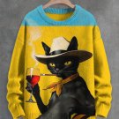 Men's Gentleman Black Cat Enjoying Red Wine Vintage Print Knit Sweatshirt