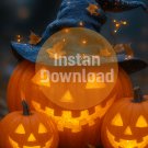 Halloween Jack-O’-Lantern Trio with Witch Hat – Spooky Pumpkin Digital Art