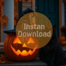 Halloween Jack-O’-Lantern with Witch Hat and Black Cat – Digital Artwork