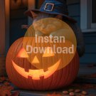 Cute Sleeping Cat with Witch Hat & Pumpkin Jack-o’-Lantern Halloween Wall Art Print