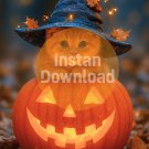Adorable Kitten with Witch Hat & Pumpkin Jack-o’-Lantern Halloween Wall Art Print